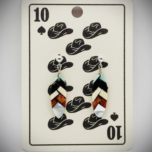 Vintage Inlay Feather Earrings – Shell, Onyx, Coral & Turquoise – 1.5" (4g) - Picture 2 of 3